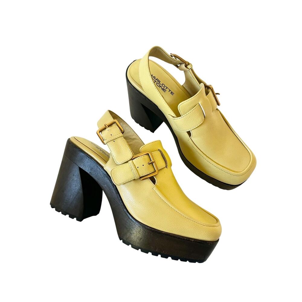 Charlotte Stone Josie Butter Yellow Platform Clog Sandal Brass Buckle Size 9